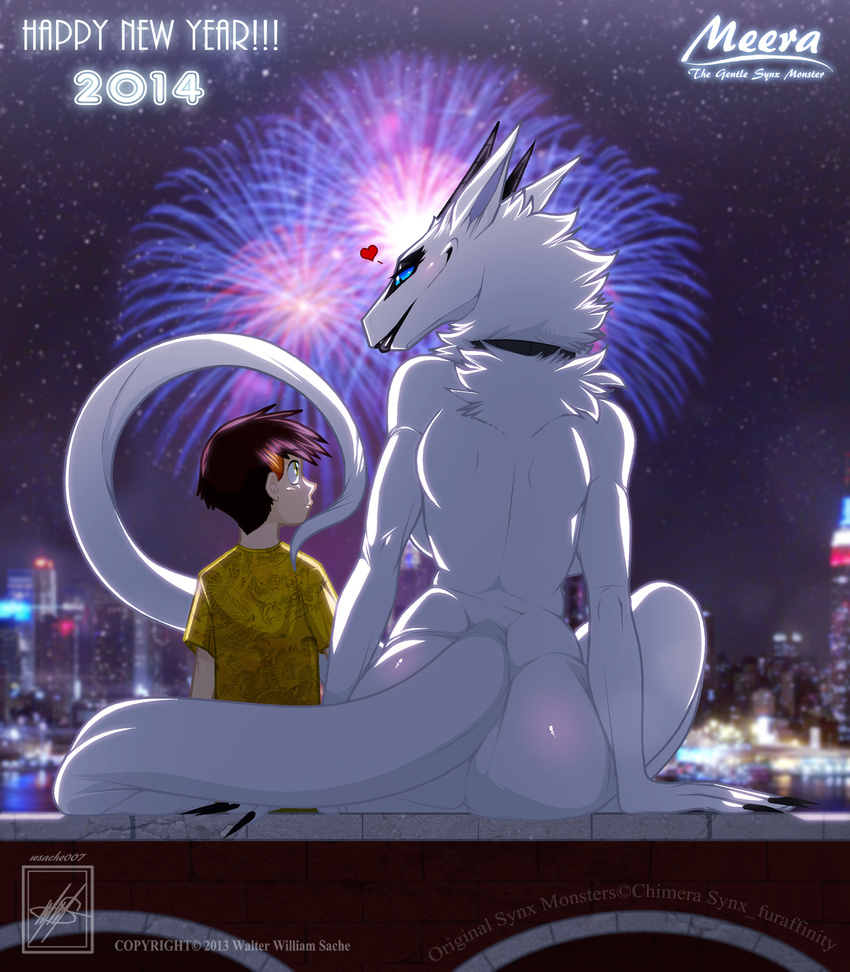 &lt;3 2014 big_breasts big_butt black_lips blue_eyes blush breasts butt claws collar eye_contact female fireworks fur hi_res horn human lips mammal meera nude outside size_difference smile synx walter_sache white_fur wide_hips