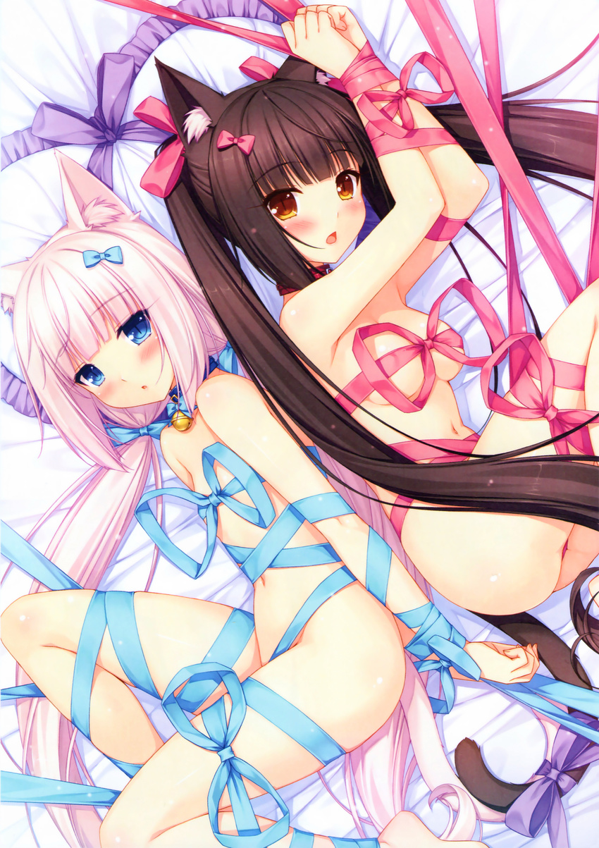 absurdres animal_ears arms_behind_back arms_up barefoot bdsm bell bell_collar black_hair blue_eyes blush bondage bound bound_wrists bow breasts brown_eyes cat_ears cat_tail chestnut_mouth chocola_(sayori) collar convenient_censoring dengeki_moeou flat_chest hair_bow hair_ribbon highres long_hair looking_at_viewer low_twintails lying multiple_girls naked_ribbon navel nekopara on_side open_mouth pink_hair restrained ribbon ribbon_bondage sayori scan slit_pupils small_breasts tail tail_ribbon twintails vanilla_(sayori) very_long_hair