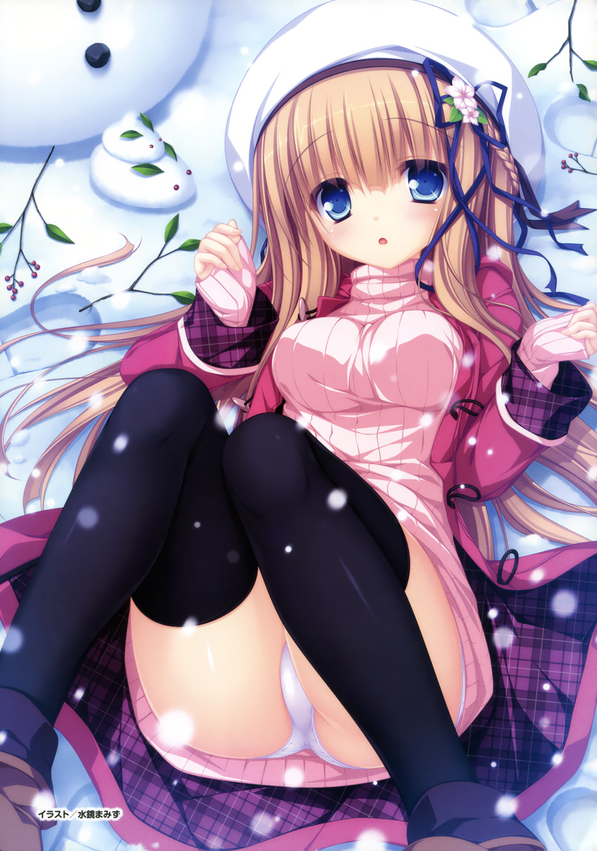 absurdres black_legwear blue_eyes breasts brown_hair coat hat highres kawasumi_yurika knees_together_feet_apart knees_up lying magicalic_sky_high medium_breasts mikagami_mamizu panties ribbed_sweater snow snow_bunny snowing snowman sweater thighhighs turtleneck underwear white_panties