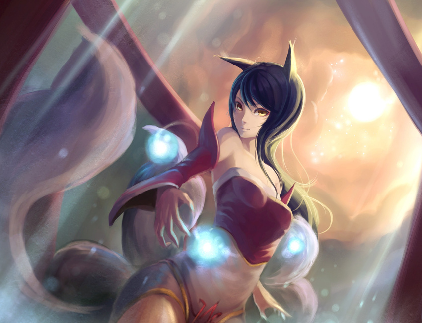 animal_ears arm_warmers black_hair breasts clothing cloud clouds facial_mark female fox_ears fox_tail fuka hair hi_res human league_of_legends lighting long_hair looking_at_viewer mammal multiple_tails orb outside shaded simple_background sky smile solo sun unknown_artist video_games wallpaper warm_colors yellow_eyes