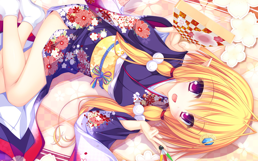 :d bangs blonde_hair blush dutch_angle fang floral_print hagoita hair_ornament hairpin highres japanese_clothes kimono legs looking_at_viewer lying magicalic_sky_high mikagami_mamizu open_mouth paddle pointy_ears purple_eyes saraira shuttlecock smile tabi