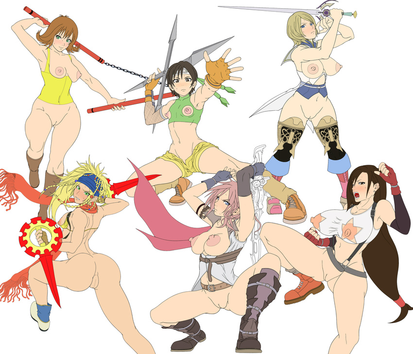 6+girls angry anus arched_back areolae arm_support arm_up armpits arms_up artist_request ashelia_b'nargin_dalmasca ass back bandanna bangs bare_shoulders belt bikini bikini_pull bikini_top black_eyes black_hair black_legwear blonde_hair blue_eyes blue_gloves boots bottomless braid breastless_clothes breasts breasts_outside brown_hair cleavage cleft_of_venus clenched_hands collarbone ears elbow_gloves embarrassed enix erect_nipples female fighting fighting_stance final_fantasy final_fantasy_vii final_fantasy_viii final_fantasy_x final_fantasy_x-2 final_fantasy_xii final_fantasy_xiii fingerless_gloves fishnet_gloves fishnets flat_chest foreshortening gloves green_eyes hair_between_eyes highres hips holding impossible_clothes impossible_shirt knee_boots knees large_areolae large_breasts leg_lift leg_up legs lightning_farron long_hair looking_at_viewer looking_back midriff mosukko mound_of_venus multiple_girls navel nippleless_clothes nipples no_bra no_panties nude nunchaku open_clothes open_hand open_mouth orange_gloves outstretched_arm pink_hair pussy red_gloves rikku scarf selphie_tilmitt serious shirt shirt_pull shoes short_hair shuriken sideboob simple_background single_elbow_glove small_breasts spread_legs square_enix squatting standing standing_on_one_leg star suspenders sweat swimsuit teeth thighhighs thighs tifa_lockhart topless uncensored weapon white_background white_shirt wide_hips yellow_bikini yuffie_kisaragi