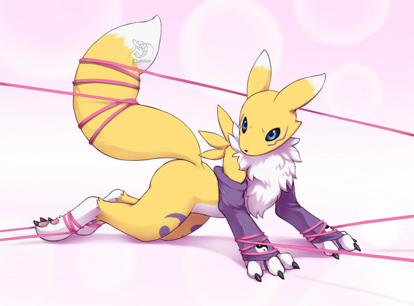 3_fingers 3_toes ambiguous_gender bdsm black_nose blue_eyes bondage bound canine chest_tuft claws clothing digimon ebikyun elbow_gloves fluffy_tail fox fur gloves looking_at_viewer mammal paws pink_background plain_background raised_tail renamon rope solo tail_bondage tattoo toe_claws tuft valderic_blackstag white_fur yellow_fur yin_yang