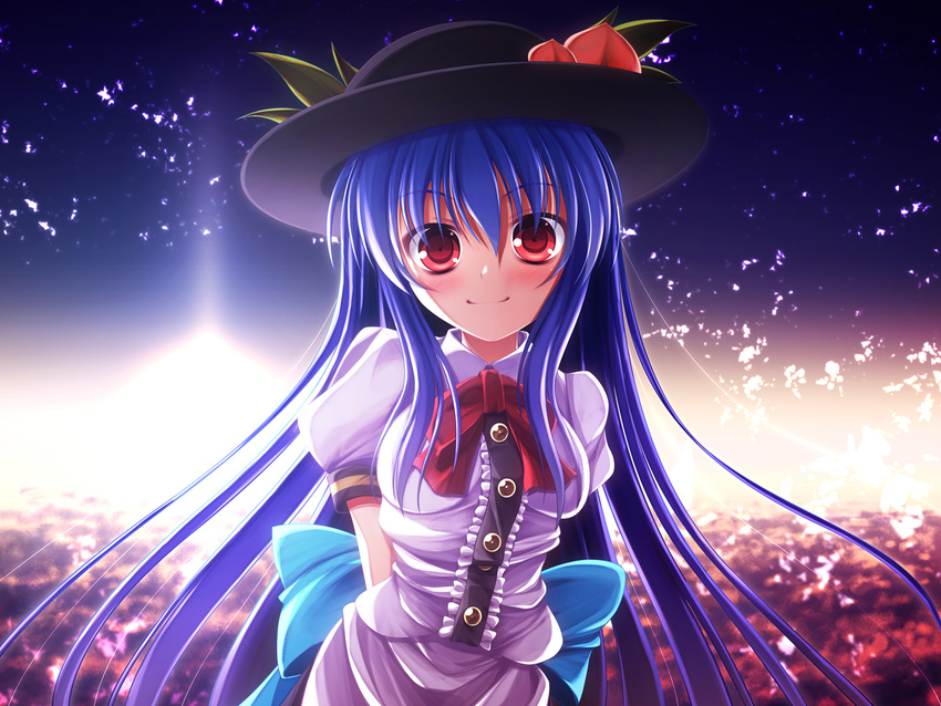 arms_behind_back blue_hair blush bow commentary food fruit hat hatomura_(tareneko_club) highres hinanawi_tenshi light_particles long_hair looking_at_viewer peach pink_eyes puffy_sleeves short_sleeves smile solo touhou upper_body very_long_hair