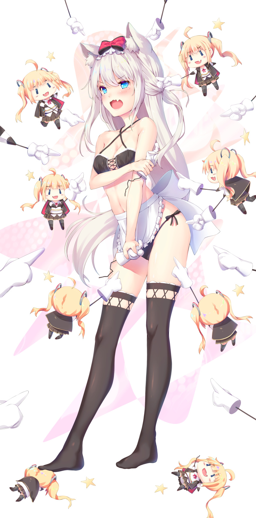 akyorapenyo amazon_(azur_lane) animal_ears azur_lane bra breast_hold chibi cleavage hammann_(azur_lane) pantsu panty_pull string_panties thighhighs wardrobe_malfunction