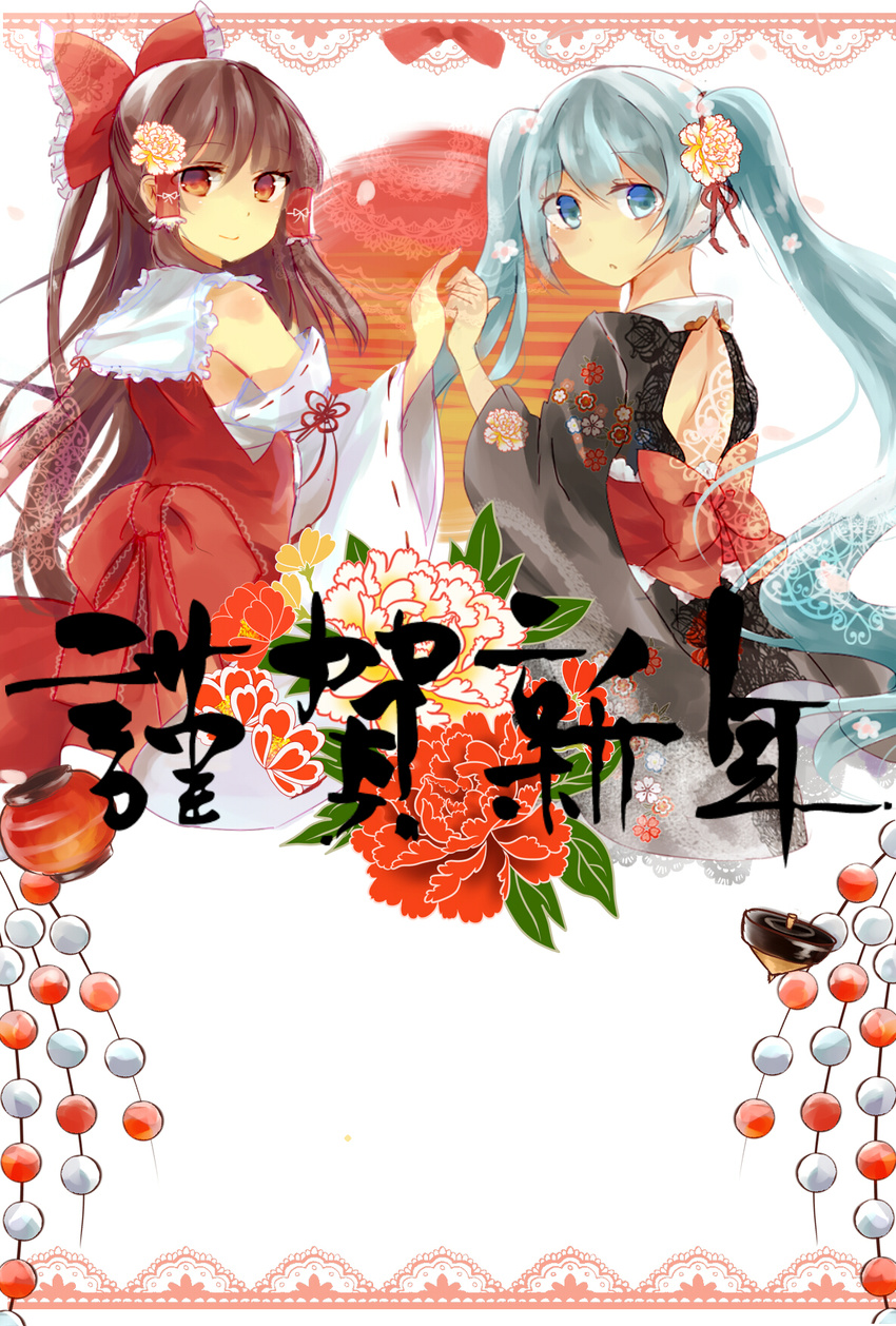 aqua_eyes aqua_hair bad_id bad_pixiv_id bow brown_hair detached_sleeves floral_print flower gyroscope hair_bow hair_flower hair_ornament hair_ribbon hair_tubes hakama hakurei_reimu happy_new_year hatsune_miku highres holding_hands japanese_clothes kimono lantern long_hair long_sleeves looking_at_viewer looking_back moko_(3886397) multiple_girls new_year red_eyes ribbon sash smile touhou twintails very_long_hair vocaloid wide_sleeves