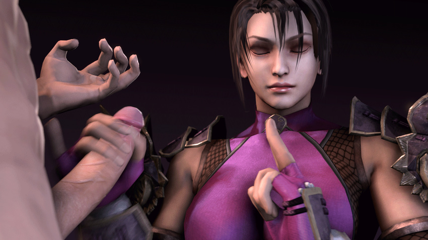 3d animated animated_gif armor black_hair bodysuit breasts clothed_female_nude_male eyes_closed fingerless_gloves gloves handjob kunoichi large_breasts lips long_hair namco ninja pain penis ponytail redmoa shoulder_pads skin_tight soul_calibur soulcalibur_iv spandex taki taki_(soulcalibur) uncensored