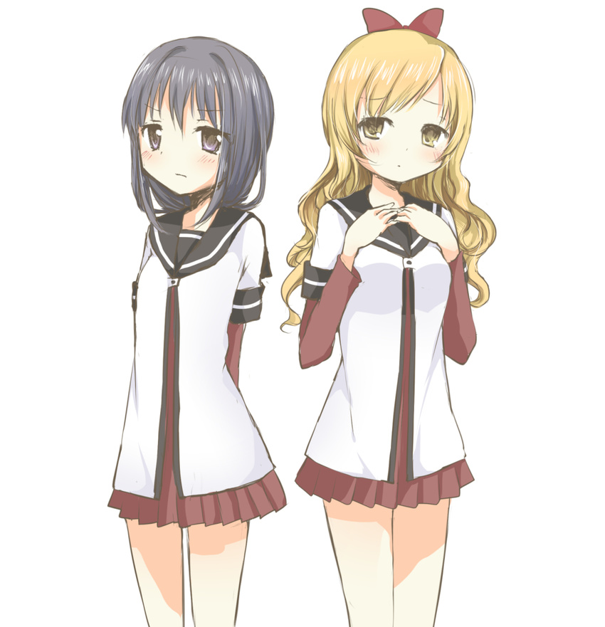 akemi_homura arm_behind_back bad_id bad_pixiv_id black_hair blonde_hair bow cosplay funami_yui funami_yui_(cosplay) hair_down hand_on_own_chest mahou_shoujo_madoka_magica multiple_girls nanamori_school_uniform school_uniform serafuku shiramori_sawa tomoe_mami toshinou_kyouko toshinou_kyouko_(cosplay) yuru_yuri