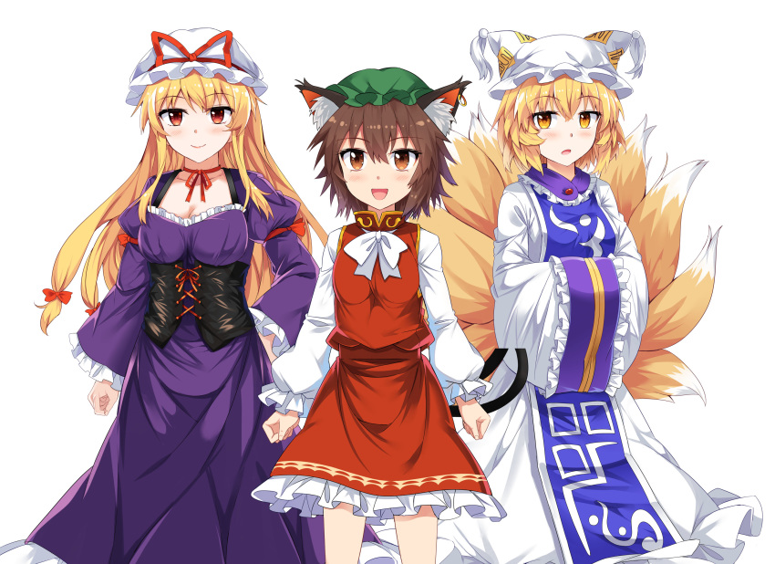 3girls :d animal_ear_fluff animal_ears bangs blonde_hair bow bowtie breasts brown_eyes brown_hair cat_ears cat_tail chen choker cleavage collarbone commentary_request corset dress e.o. eyebrows_visible_through_hair feet_out_of_frame fox_tail frilled_shirt_collar frilled_sleeves frills green_hat hair_between_eyes hair_bow hand_on_hip hat hat_ribbon highres juliet_sleeves large_breasts long_hair long_sleeves looking_at_viewer multiple_girls multiple_tails nekomata open_mouth petticoat pillow_hat puffy_sleeves red_bow red_choker red_eyes red_ribbon red_skirt red_vest ribbon ribbon_choker shirt sidelocks simple_background skirt skirt_set smile standing tabard tail touhou two_tails very_long_hair vest white_background white_bow white_dress white_hat white_neckwear white_shirt wide_sleeves yakumo_ran yakumo_yukari yellow_eyes