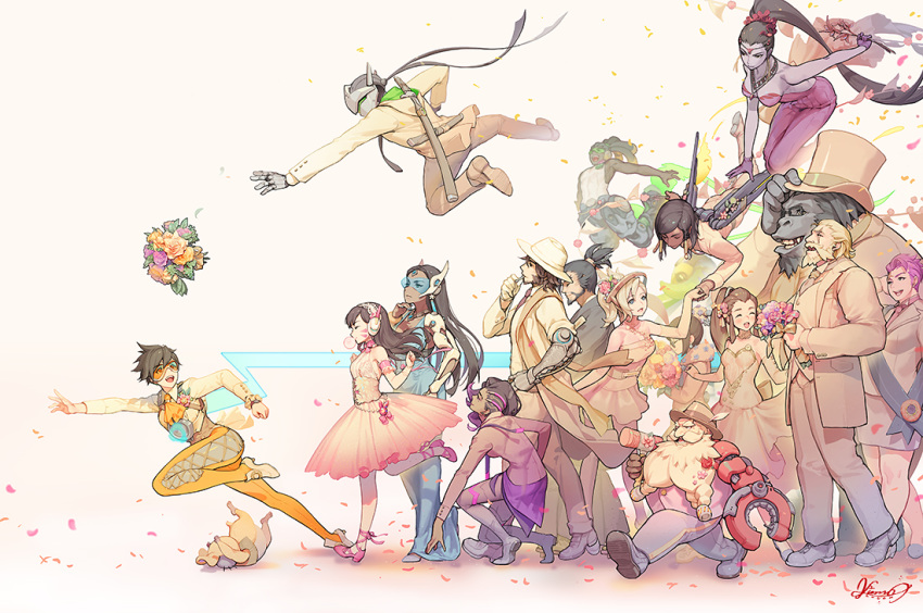 1other 6+boys 6+girls beard black_skin black_suit blue_dress boots bouquet brigitte_(overwatch) cowboy_hat d.va_(overwatch) dark_skin dress facial_hair floating flower formal genji_(overwatch) gorilla hammond_(overwatch) hamster hanzo_(overwatch) hat helmet katana kkuem laughing lucio_(overwatch) mccree_(overwatch) mei_(overwatch) mercy_(overwatch) multiple_boys multiple_girls omnic orisa_(overwatch) overwatch pharah_(overwatch) pink_dress prosthesis prosthetic_arm purple_dress purple_skin reinhardt_(overwatch) running sheath sheathed shoes smile sombra_(overwatch) suit sword symmetra_(overwatch) tied_hair top_hat torbjorn_(overwatch) tracer_(overwatch) tripping visor walking weapon white_dress white_suit widowmaker_(overwatch) winston_(overwatch) zarya_(overwatch)