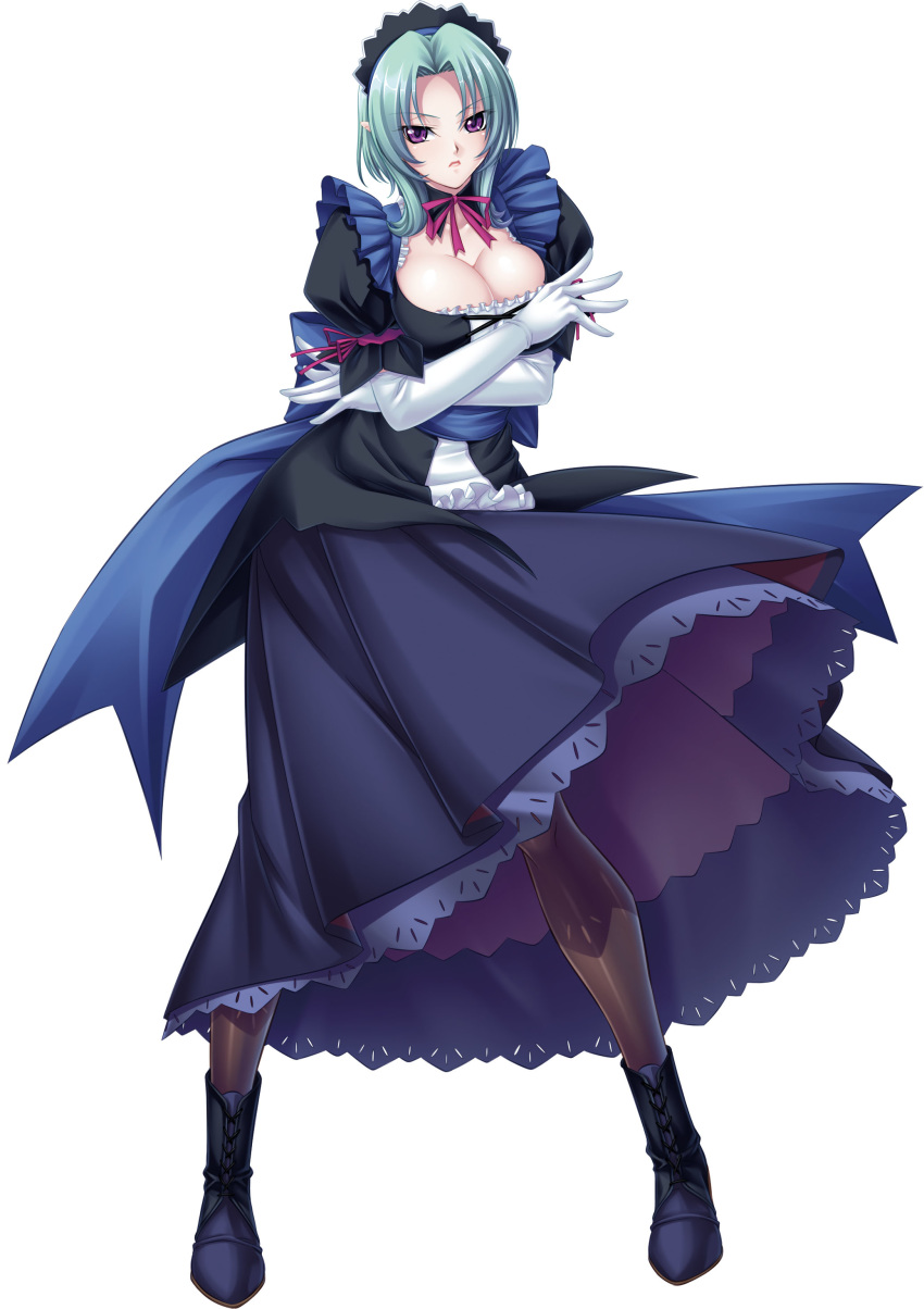 1girl artist_name breasts character_sheet dress elf female full_body green_hair kagami_hirotaka koutetsu_no_majo_anneroze large_breasts lilith-soft looking_at_viewer maid mitico_fleuretty official_art pointy_ears purple_eyes solo white_skin