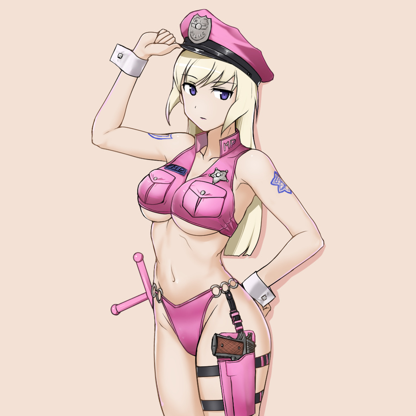 adapted_uniform aegis_(nerocc) bare_shoulders baton bikini_bottom blonde_hair breasts collarbone crop_top crossdraw_holster gun hand_on_hip handgun hat holster large_breasts long_hair marian_e_carl md5_mismatch midriff navel noble_witches o-ring o-ring_bottom pink_bikini_bottom pistol police_badge police_hat purple_eyes solo tattoo underboob weapon world_witches_series wrist_cuffs