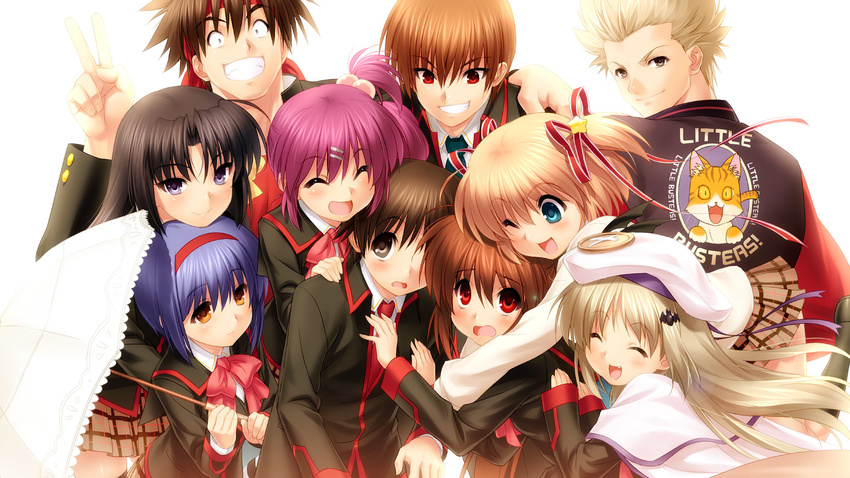 6+girls bandana black_hair black_legwear blonde_hair blue_eyes blue_hair blush bow brown_eyes brown_hair cape derivative_work everyone fang grin hair_bobbles hair_ornament hair_ribbon hairband hairpin hat highres inohara_masato kamikita_komari kurugaya_yuiko little_busters! long_hair miyazawa_kengo multiple_boys multiple_girls naoe_riki natsume_kyousuke natsume_rin nishizono_mio noumi_kudryavka parasol pink_bow plaid plaid_skirt ponytail purple_eyes purple_hair red_eyes ribbon saigusa_haruka school_uniform short_hair side_ponytail silver_hair skirt smile two_side_up umbrella v zen