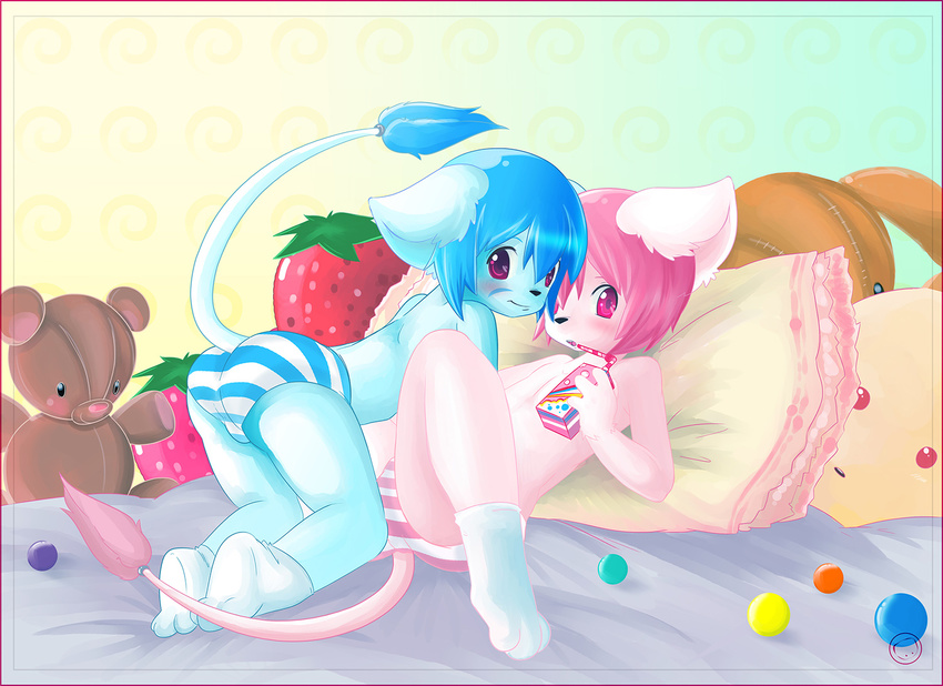 bear blue_hair cub feline female gay girly hair harumi legwear lion male mammal p panties pillow pink_hair plushie stockings strawberry teddy_bear underwear young