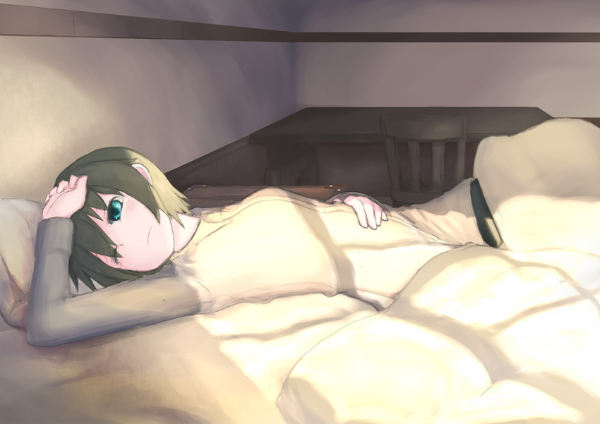 androgynous aqua_eyes bed blanket chair closed_mouth desk eyes_visible_through_hair green_hair hand_on_own_stomach hand_up indoors kino kino_no_tabi long_sleeves lying on_back on_bed one_eye_closed owerk pillow shadow short_hair solo sunlight table tomboy