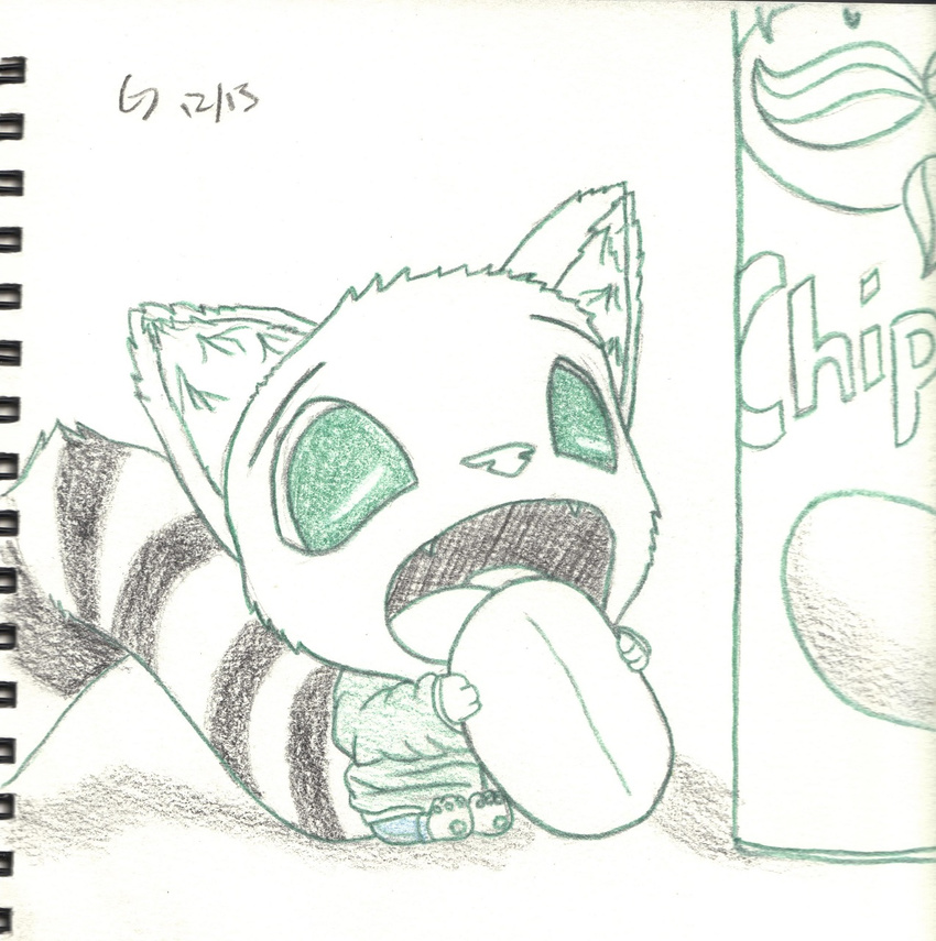 2013 3_toes chibi chips clothed clothing drawing feline green_eyes hindpaw jacket mammal open_mouth paws pringles sitting sketch traditional_media yoyofreakcj