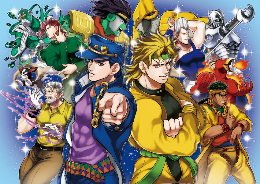 &gt;:) armor armpits asymmetrical_clothes asymmetrical_hair bare_arms bare_shoulders beard belt belt_buckle black_hair blonde_hair blue_hair blue_hat blue_jacket bodysuit brown_pants buckle buttons chain closed_mouth collarbone collared_shirt cowboy_shot crossed_arms crystal dark_skin dark_skinned_male dio_brando earrings eye_contact eyeball facial_hair facial_scar fire flame floating floating_object foreshortening full_armor glint gloves green_bodysuit green_eyes green_hair grin hairlocs hat headband heart hermit_purple hierophant_green holding holding_sword holding_weapon iggy_(jojo) index_finger_raised isamu jacket jean_pierre_polnareff jewelry jojo_no_kimyou_na_bouken joseph_joestar kakyouin_noriaki kuujou_joutarou long_sleeves looking_at_another looking_at_viewer magician's_red male_focus mohammed_avdol multiple_boys necklace old_man open_clothes open_jacket orange_eyes outstretched_arm pants pink_shirt pointing pointing_at_viewer red_hair scar shirt short_sleeves silver_chariot silver_hair single_strap smile stand_(jojo) standing star_platinum stardust_crusaders stud_earrings sword the_fool the_world thick_eyebrows thorns unsheathed upper_body v-shaped_eyebrows weapon white_gloves wing_collar wristband yellow_jacket yellow_shirt