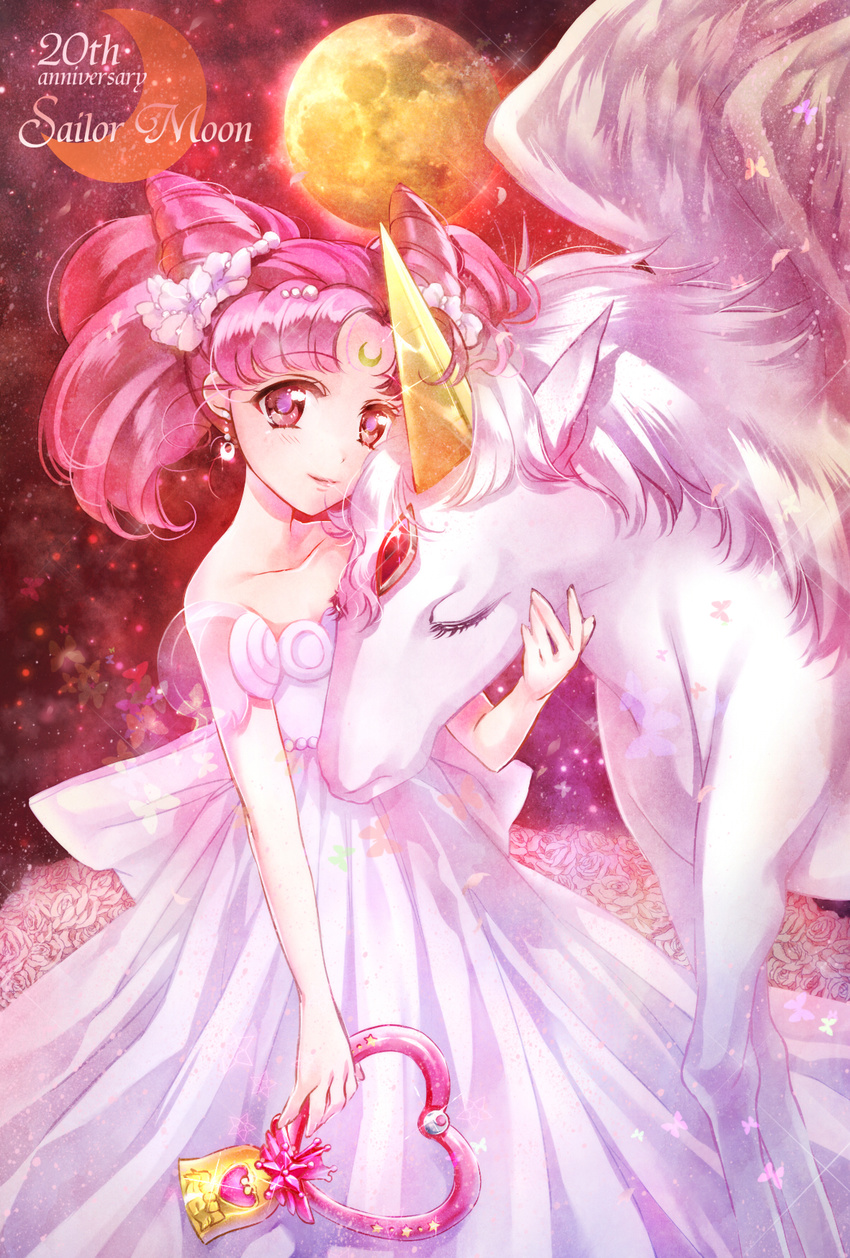 anniversary back_bow bare_shoulders bishoujo_senshi_sailor_moon bow chibi_usa collarbone copyright_name crescent crystal_carillon double_bun dress facial_mark forehead_mark full_moon hair_ornament hairpin helios_(sailor_moon) highres kanyamerian moon pegasus pegasus_(sailor_moon) pink_eyes pink_hair short_hair small_lady_serenity smile strapless strapless_dress twintails white_dress