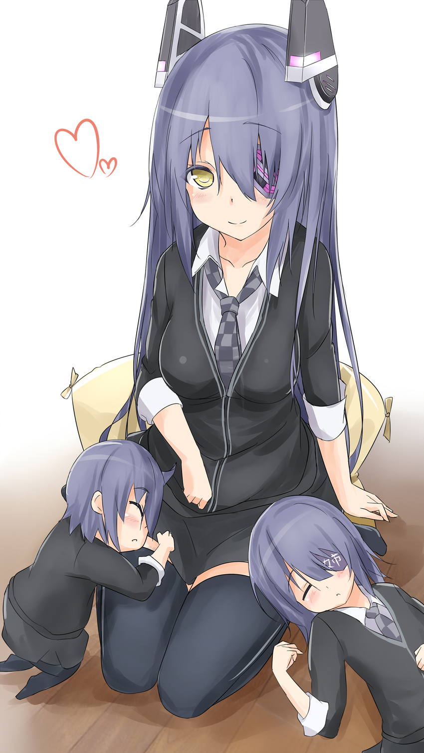 absurdres alternate_hair_length alternate_hairstyle black_legwear blue_hair checkered checkered_neckwear commentary dress_shirt eyepatch hair_ornament heart highres if_they_mated kantai_collection knees_together_feet_apart lap_pillow long_hair looking_at_viewer mother_and_daughter motherly multiple_girls necktie older saku_(kudrove) shirt sitting skirt sleeping smile tenryuu_(kantai_collection) thighhighs translated wariza yellow_eyes younger