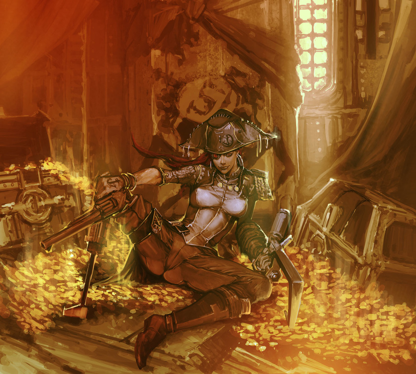 amputee borderlands borderlands_2 captain_scarlett epaulettes eyepatch gold gun hat highres hook_hand ikeda_masateru indoors lips pegleg pirate red_hair ship sitting solo treasure treasure_chest watercraft weapon