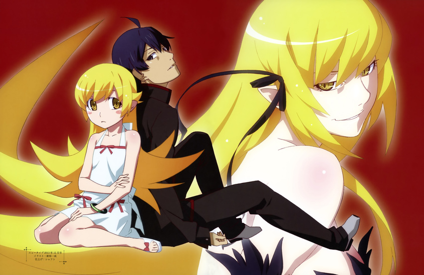 2girls absurdres ahoge araragi_koyomi back-to-back bare_shoulders black_hair blonde_hair collarbone dress dual_persona evil_smile highres kiss-shot_acerola-orion_heart-under-blade long_hair looking_at_viewer monogatari_(series) multiple_girls niigaki_kazunari official_art oshino_shinobu pointy_ears red_background scan school_uniform short_hair simple_background sleeveless sleeveless_dress smile sundress vampire very_long_hair white_dress yellow_eyes