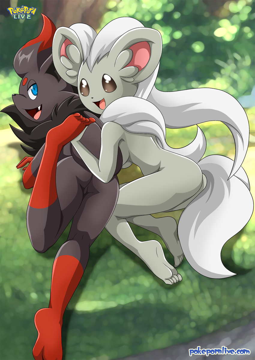 anthro bbmbbf breasts butt canine cinccino female forest fox human_feet legs_up looking_at_viewer lying mammal nintendo nude on_front open_mouth outside palcomix plantigrade pok&#233;mon pok&#233;morph pok&eacute;mon pokepornlive soles toes tree video_games zorua