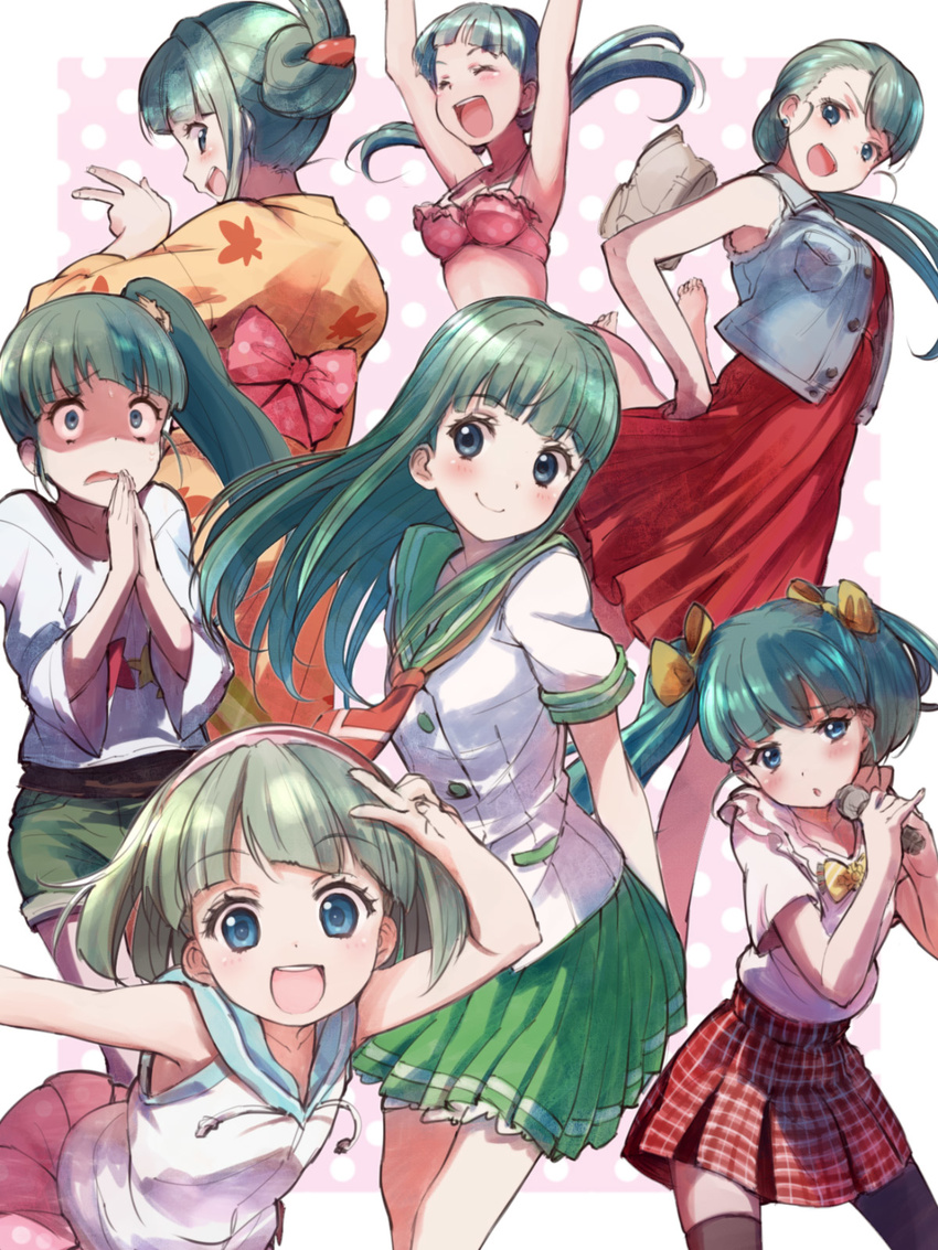 :d ^_^ alternate_hairstyle aqua_eyes arm_up armpits arms_up bikini blush bow closed_eyes constricted_pupils expressions folded_ponytail green_hair hair_bow hair_up hanaki_yuka hand_on_hip hands_together highres hood hoodie japanese_clothes kimono looking_at_viewer low_twintails microphone multiple_persona natsuiro_kiseki nyama open_mouth plaid plaid_skirt pleated_skirt polka_dot polka_dot_background profile school_uniform serafuku shaded_face short_sleeves shorts side_ponytail skirt sleeveless sleeveless_hoodie smile swimsuit thighhighs twintails v wavy_mouth younger yukata