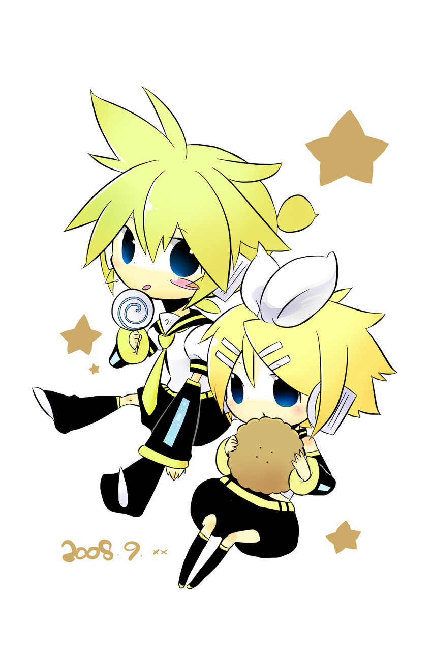 1girl akisame_kou bad_id bad_pixiv_id blonde_hair blue_eyes brother_and_sister candy chibi detached_sleeves food hair_ornament hairclip highres kagamine_len kagamine_rin lollipop ribbon siblings swirl_lollipop twins vocaloid