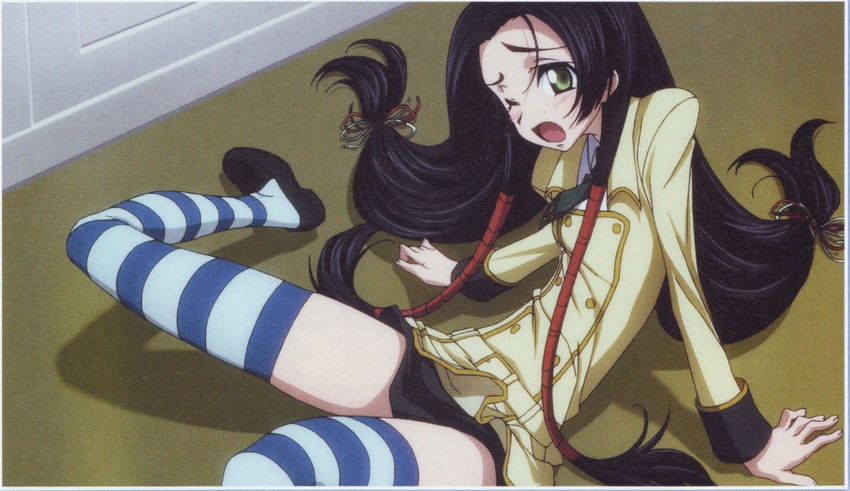 absurdres artist_request ashford_academy_uniform black_hair blush code_geass code_geass:_lost_colors green_eyes hair_ribbon hair_tubes highres long_hair ribbon scan scan_artifacts school_uniform solo striped striped_legwear sumeragi_kaguya thighhighs