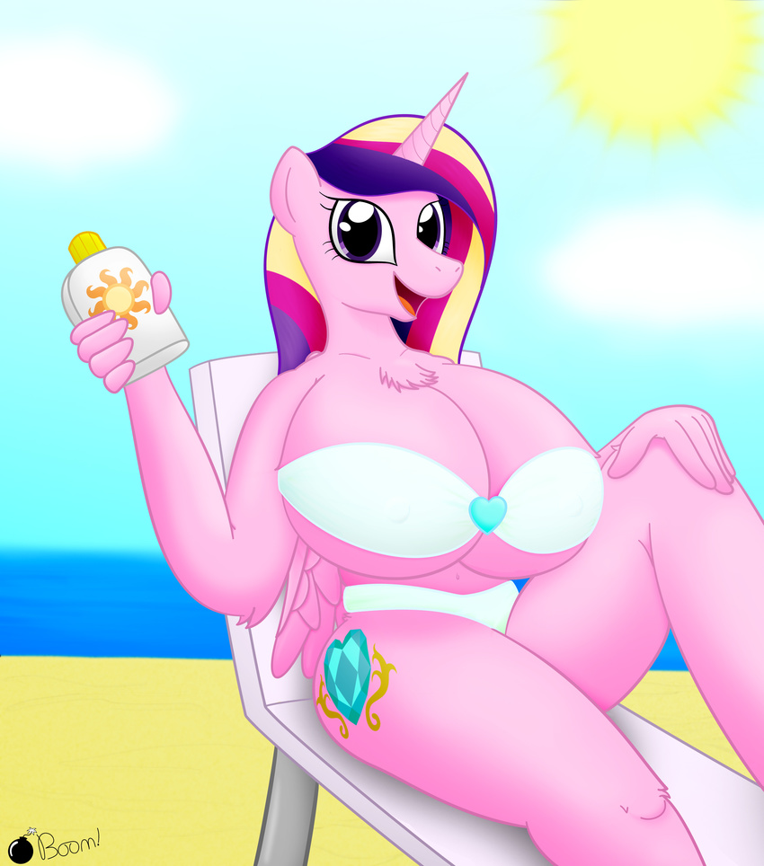 anthrofied beach big_breasts bikini breasts cadance_(mlp) chair equine female friendship_is_magic hair horn horse mammal multi-colored_hair my_little_pony pony ponyboom princess_cadance_(mlp) purple_hair sea seaside smile sunblock swimsuit water winged_unicorn wings