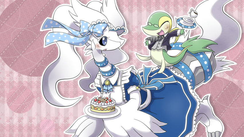 blush bow cake coffee cup dishes dragon eyes_closed eyewear female food fur glasses green_body hair_bow hm3526 legendary_pok&#233;mon legendary_pok&eacute;mon maid maid_uniform male nintendo open_mouth pink_background plain_background plate pok&#233;mon pok&eacute;mon reptile reshiram scalie snake snivy suit video_games white_fur