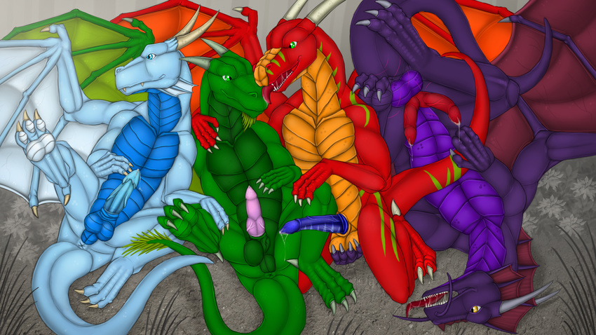 2014 askatrash ball ball_fondling balls blue_scales dragon erection gay green_scales horn knot lying male penis phlegethon precum purple_scales red_scales scar sytheras tur&#233;n tur&eacute;n vein wemd western widescreen wings