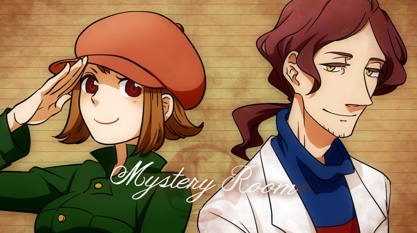 1girl alfendi_layton bangs blush brown_hair cabbie_hat colored_eyelashes copyright_name detective english facial_hair flipped_hair hat labcoat layton_brothers:_mystery_room looking_at_viewer lucy_creila parted_bangs ponytail professor_layton red_eyes salute short_hair smile striped striped_background stubble turtleneck wavy_hair yago_(tutu) yellow_eyes