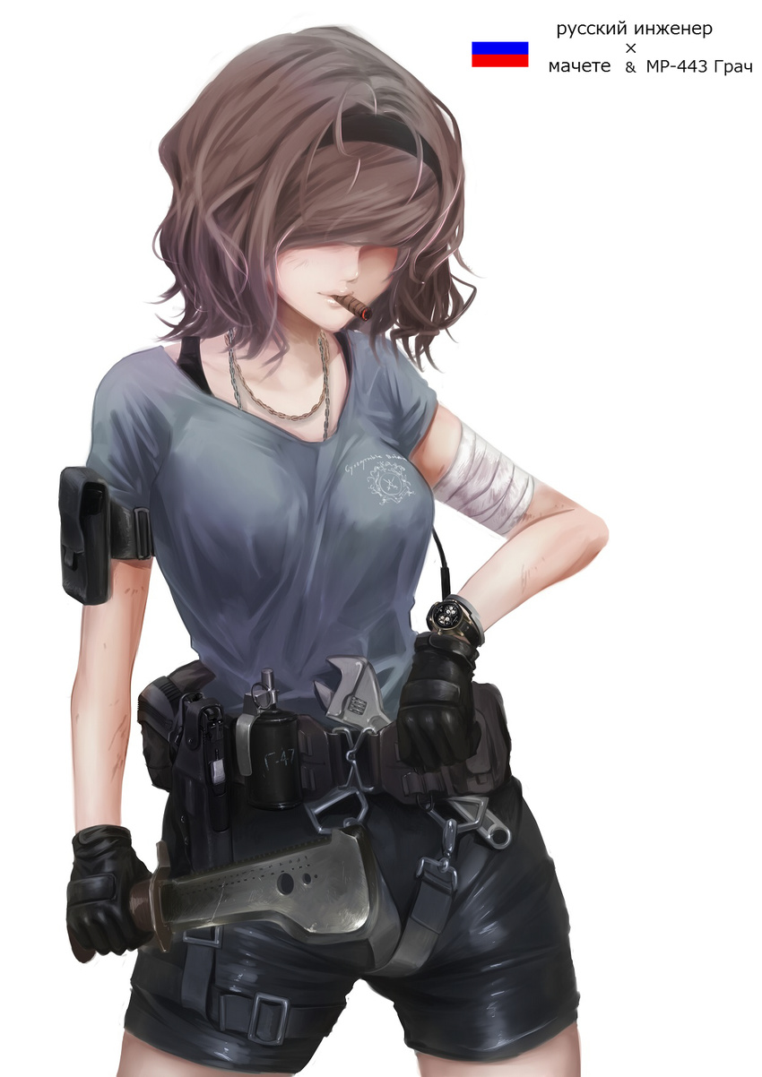 adjustable_wrench bad_id bad_pixiv_id bandages battlefield_(series) battlefield_4 brown_hair cigar gloves gun hair_over_eyes handgun headband highres jewelry koh_(minagi_kou) machete military_operator mp443 necklace ranguage russian russian_flag short_hair shorts simple_background solo text_focus translated watch weapon white_background wrench