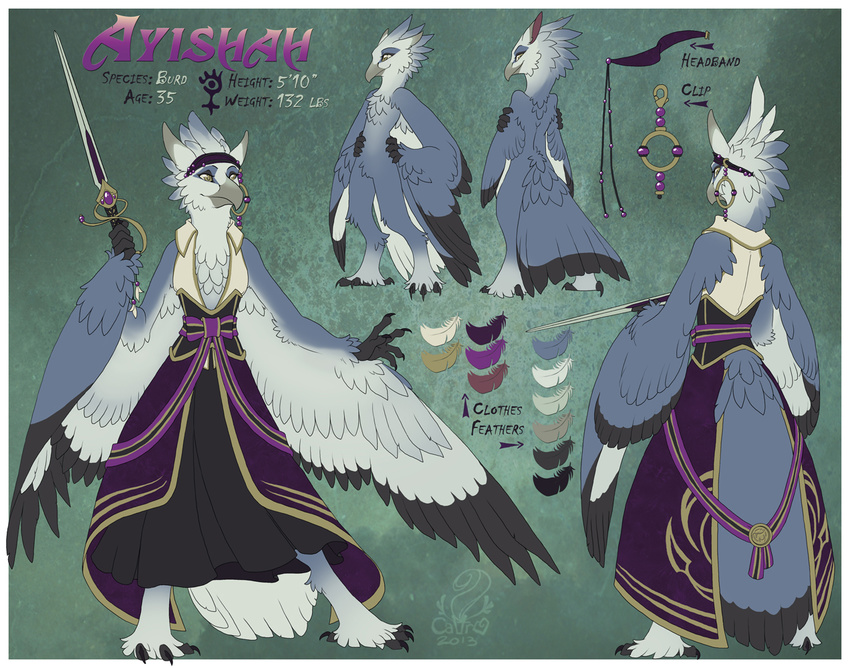 avian beads beak bird caltroplay claws clothed clothing dress feathers female fluffy headband medallion model_sheet nude refsheet skirt solo standing sword weapon white_feathers winged_arms wings yellow_eyes