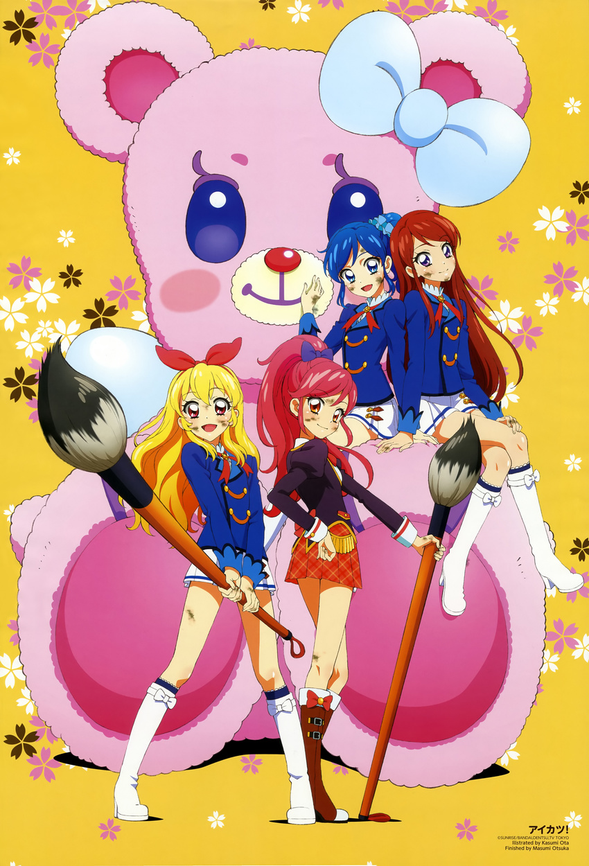 :d absurdres aikatsu! aikatsu!_(series) animage blazer blonde_hair blue_eyes blue_hair boots bow brown_hair calligraphy_brush crossed_legs dream_academy_uniform hair_bow highres hoshimiya_ichigo jacket juliet_sleeves kiriya_aoi knee_boots long_hair long_sleeves multiple_girls official_art oota_kasumi open_mouth otoshiro_seira oversized_object paint_stains paintbrush plaid plaid_skirt ponytail puffy_sleeves purple_eyes red_eyes red_hair scan school_uniform scrunchie shibuki_ran side_ponytail sitting skirt smile starlight_academy_uniform stuffed_animal stuffed_toy sunrise_stance teddy_bear