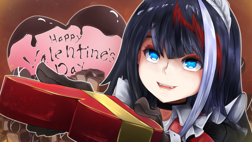 1girl :d azur_lane bangs black_choker black_gloves black_hair blue_eyes box choker commentary deutschland_(azur_lane) eyebrows_visible_through_hair fangs gloves heart-shaped_box highres long_hair multicolored_hair nanostar open_mouth outline red_hair smile solo streaked_hair valentine white_hair white_outline