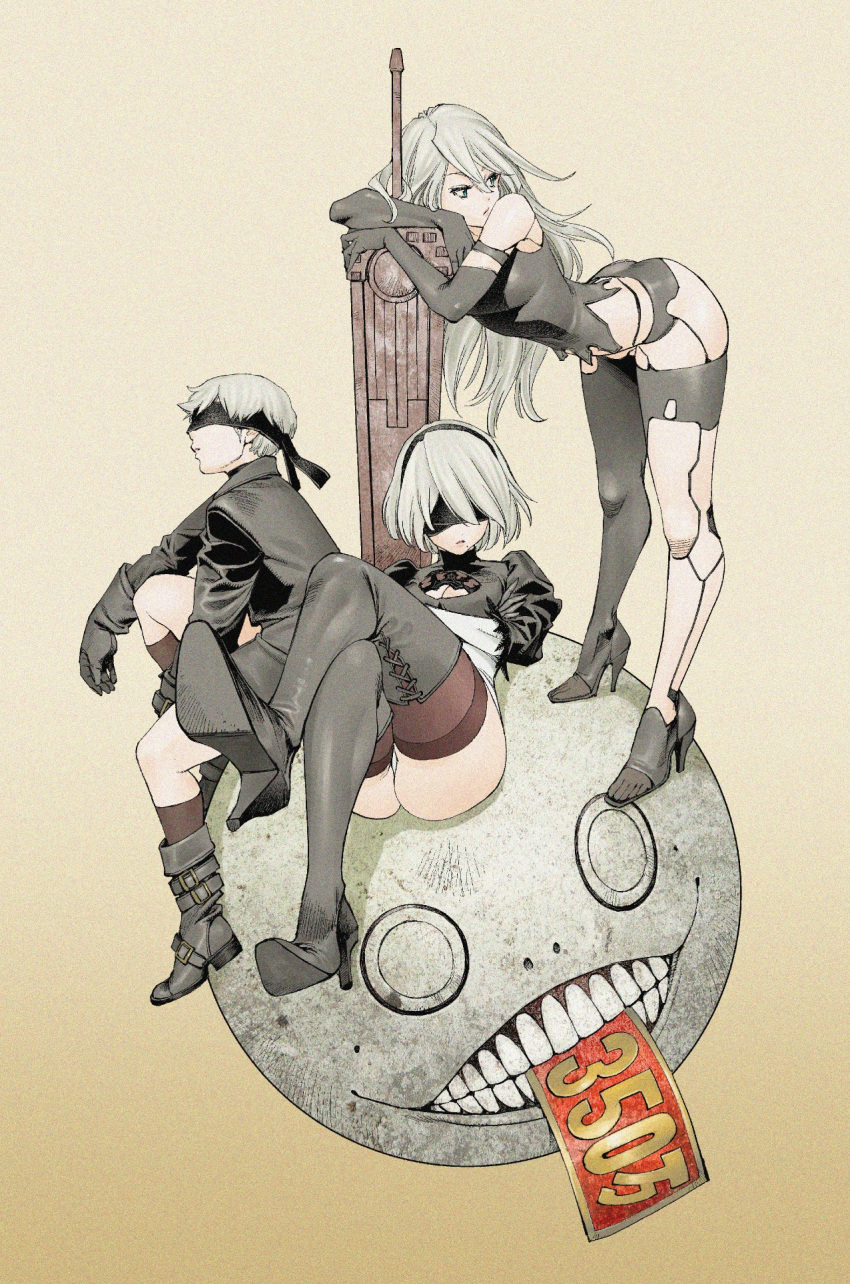 1boy 2girls ass bent_over black_footwear black_legwear blindfold boots breasts cleavage cleavage_cutout crossed_arms emil_(nier) feather-trimmed_sleeves hairband high_heel_boots high_heels highres legs_crossed leotard long_hair mole mole_under_mouth multiple_girls nier_(series) nier_automata planted_weapon puffy_sleeves shinya_komi short_hair silver_hair simple_background sitting sword thighhighs weapon yorha_no._2_type_b yorha_no._9_type_s yorha_type_a_no._2