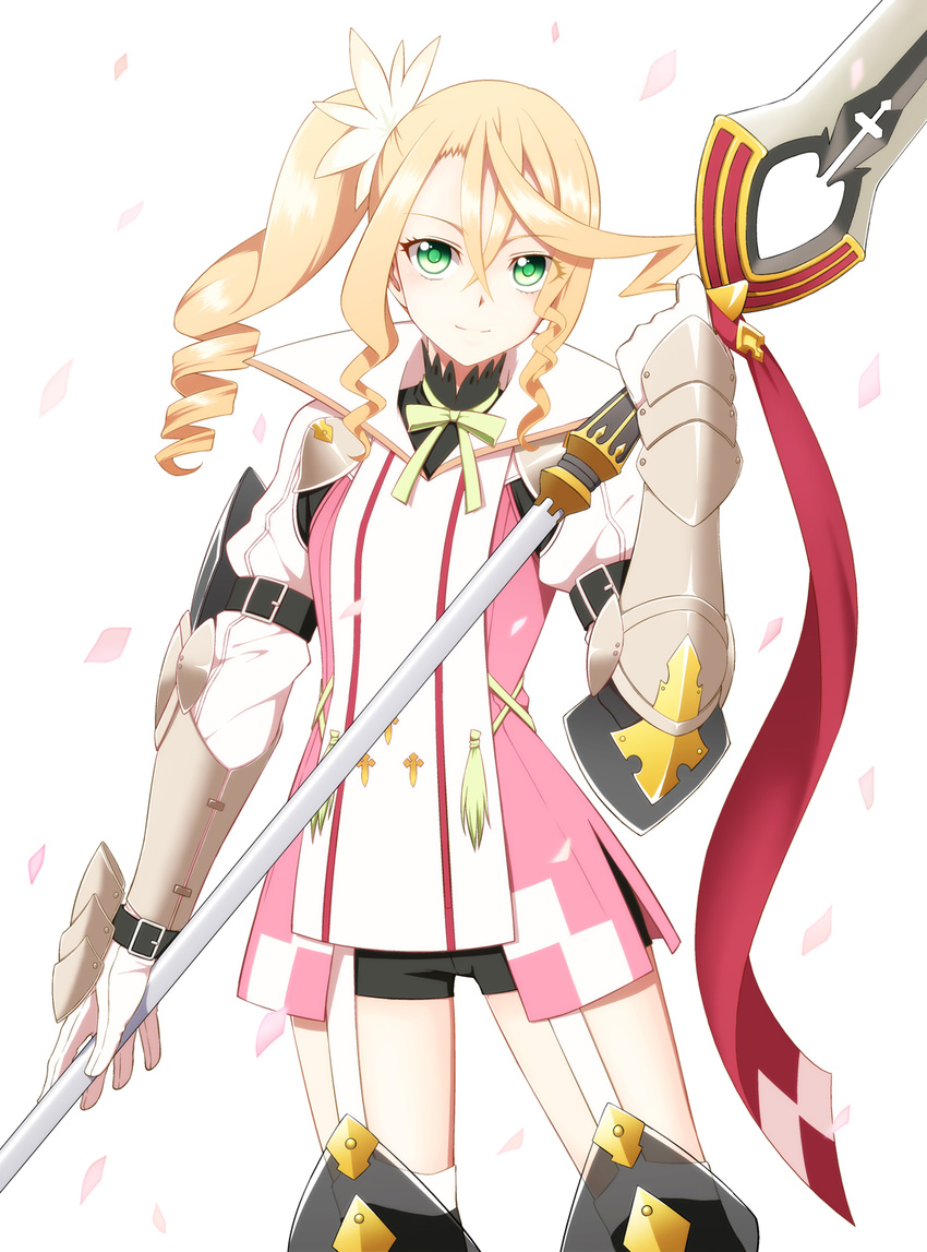 alisha_diphda armor blonde_hair boots drill_hair gloves green_eyes highres long_hair petals polearm shorts side_ponytail smile solo spear tales_of_(series) tales_of_zestiria utakata_masara weapon white_background