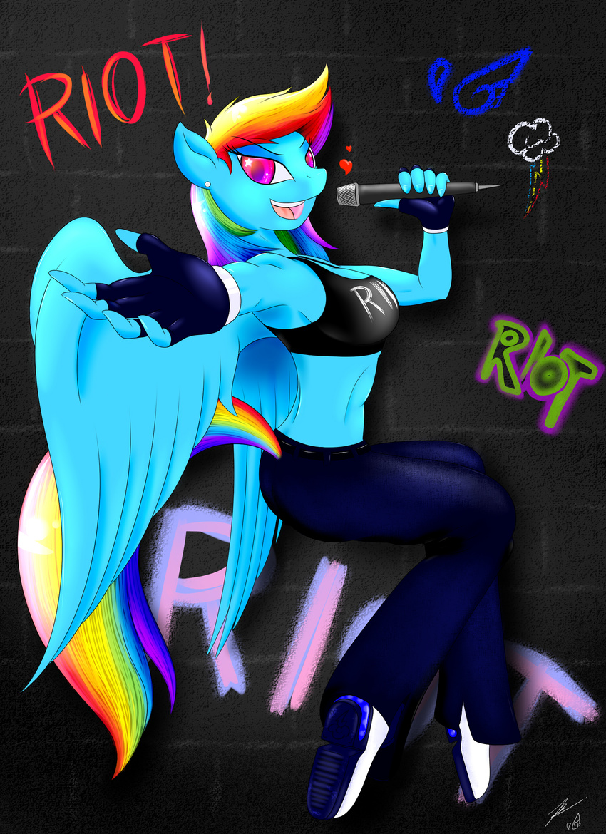 &lt;3 anthro anthrofied blueondrive blumagpie breasts cleavage clothing equine female fingerless_gloves friendship_is_magic gloves graffiti hair horse jeans looking_at_viewer mammal microphone multi-colored_hair my_little_pony navel pegasus piercing pony purple_eyes rainbow_dash_(mlp) rainbow_hair shirt shoes solo star tank_top vest wings