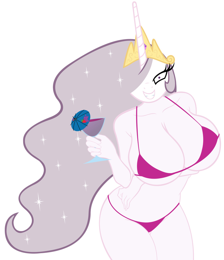 absurd_res alpha_channel anthro anthrofied big_breasts bikini breasts cleavage clothed clothing crown equine female friendship_is_magic glass gold hair hi_res horn horse liquid looking_at_viewer mammal martini martini_glass my_little_pony pink_hair pony princess_celestia_(mlp) princess_molestia_(mlp) purple_eyes smile sofunnyguy solo sparkles swimsuit umbrella winged_unicorn wings