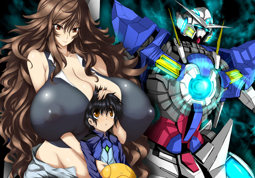 areolae bare_shoulders between_breasts big_hair black_hair breast_smother breasts brown_eyes brown_hair clavicle cleavage curvy erect_nipples formal gigantic_breasts glowing gundam gundam_00 hair_intakes haro helmet high_res hips huge_breasts inverted_nipples large_areolae lips long_hair mecha midriff milf mother_and_son mothers_duty mound_of_venus navel nipples no_bra nopan pants puffy_nipples shirt short_hair shota simple_background skirt smile solo standing straight_shota suit sumeragi_lee_noriega transparent_clothes very_long_hair wavy_hair wide_hips worried