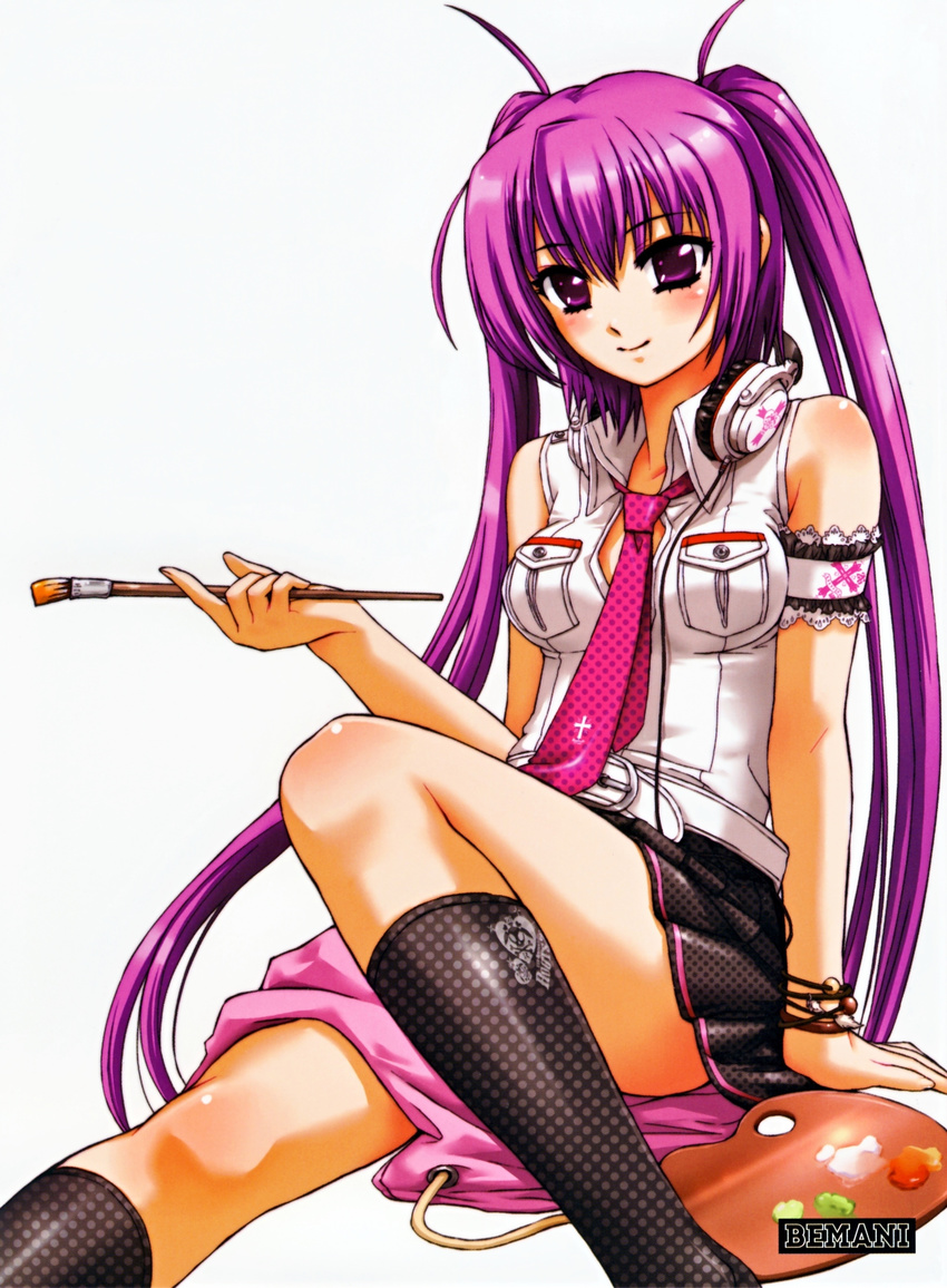 1girl absurdres arm_support armband artist_request bare_shoulders beatmania beatmania_iidx belt blush bracelet breasts casual footwear headphones highres holding jewelry kneehighs knees legs long_hair looking_at_viewer mizushiro_celica necktie paintbrush palette pocket polka_dot purple_eyes purple_hair scan shirt simple_background sitting skirt sleeveless sleeveless_shirt smile socks solo twintails uniform very_long_hair white_background