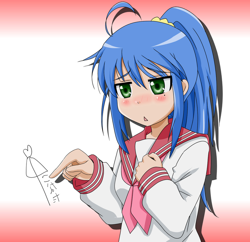 ai_ai_gasa alternate_hairstyle blue_hair green_eyes izumi_konata long_hair lucky_star mole mole_under_eye pink_neckwear ponytail ryouou_school_uniform school_uniform serafuku takumi_(rozen_garten) triangle_mouth