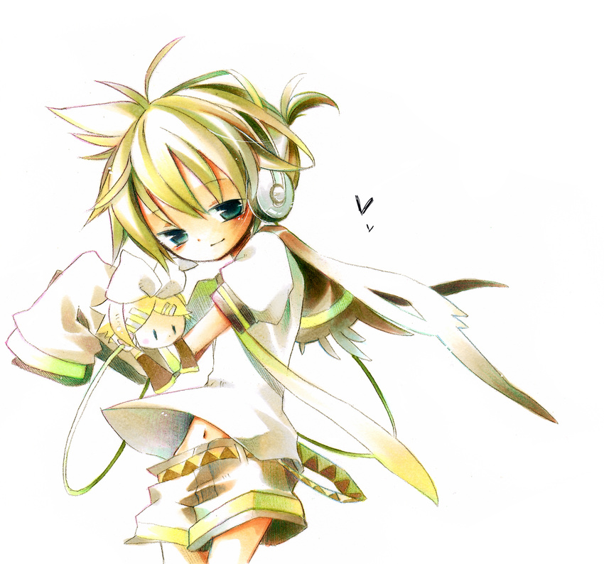 1girl akisame_kou bad_id bad_pixiv_id blonde_hair brother_and_sister chibi detached_sleeves hair_ornament hairclip headphones highres kagamine_len kagamine_rin ribbon short_hair siblings twins vocaloid