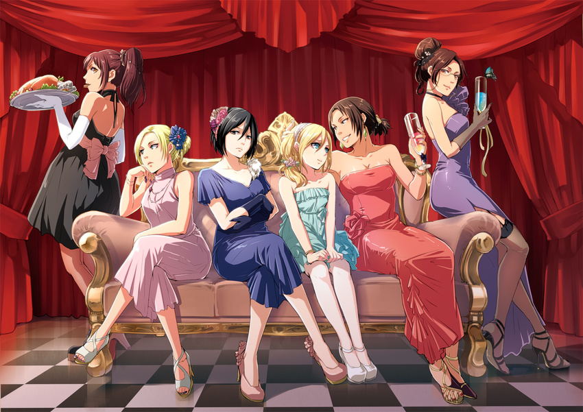 annie_leonhardt black_eyes black_hair blonde_hair blue_eyes bow brown_eyes brown_hair christa_renz dress drink elbow_gloves food garter glasses gloves group hanji_zoe mikasa_ackerman necklace null_(chronix) ponytail sasha_browse shingeki_no_kyojin short_hair ymir_(shingeki_no_kyojin)