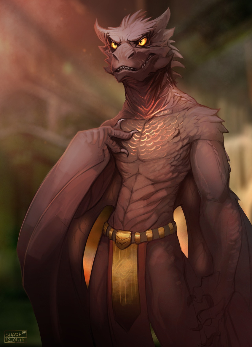 abs anthro anthrofied belt biceps black_skin claws dragon fangs fit front glowing gold grey_skin grin horn iridescent loincloth male muscles pecs pose red_skin scales scalie shade-shypervert shiny smaug smile solo spikes standing teeth the_hobbit toned topless vein winged_arms wings yellow_eyes