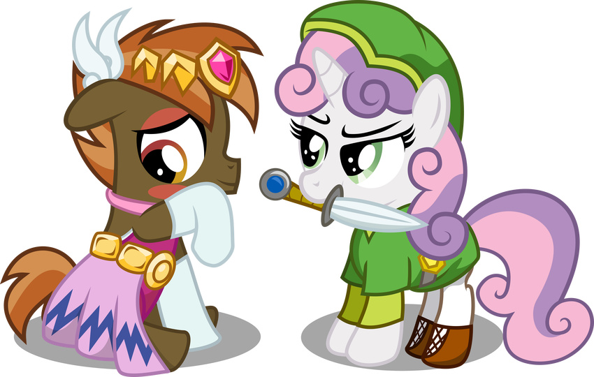 alpha_channel blush brown_fur brown_hair button_mash_(mlp) clothing cross_dresser crossdressing crossover crown cub dress duo earth_pony equine eyebrows female feral friendship_is_magic fur gloves green_eyes green_hat green_tunic hair hat hi_res horn horse legwear link long_hair male mammal medio-cre my_little_pony necklace nintendo orange_fur orange_hair orange_tail pink_dress pink_tail plain_background pony princess_zelda smile socks standing stockings sweetie_belle_(mlp) sword the_legend_of_zelda transparent_background tunic two_tone_hair unicorn video_games weapon white_fur young