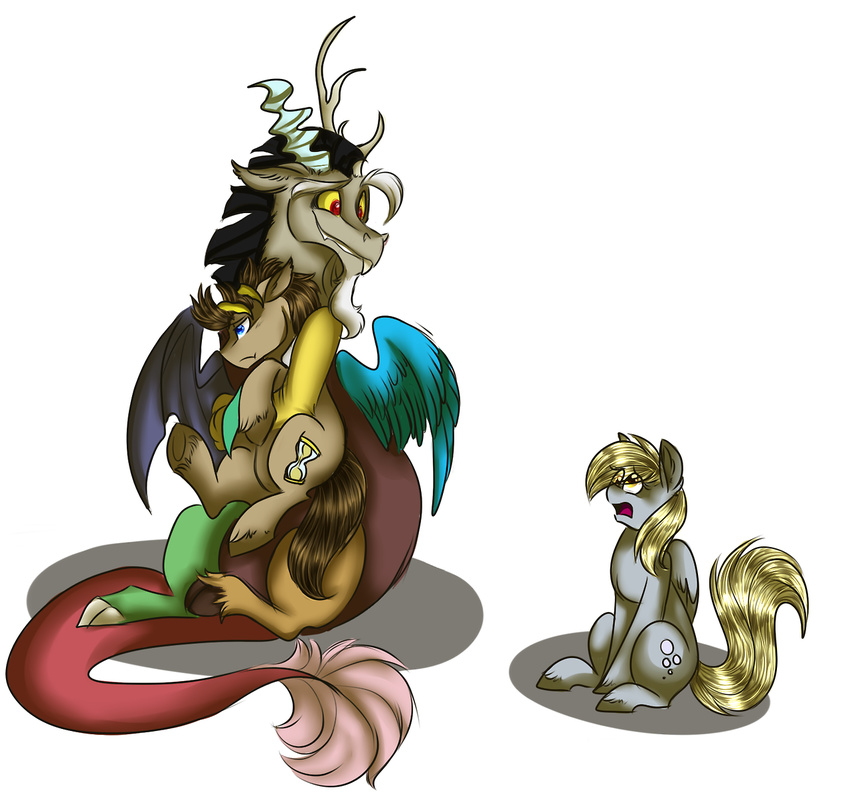 antler antlers blonde_hair blue_eyes brown_fur brown_hair cutie_mark derpy_hooves_(mlp) discord_(mlp) doctor_whooves_(mlp) draconequus equine female feral friendship_is_magic frown fur grey_fur grup hair horn horse lilac-the-fox99 long_hair male mammal my_little_pony open_mouth pegasus pony red_eyes sitting smile wings yellow_eyes