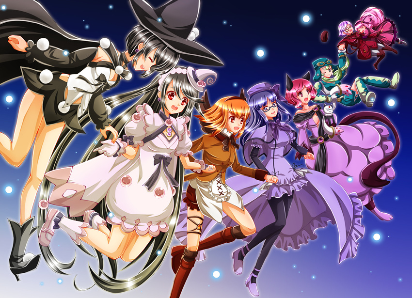 ahoge animal_ears asami_saki black_hair bodysuit boots brown_hair cat_ears cling divinebuster12 dress gloves hat holding_hands juubey_(kazumi_magica) kanna_nico kazumi_(kazumi_magica) kazusa_michiru long_hair magical_girl mahou_shoujo_kazumi_magica mahou_shoujo_madoka_magica maki_kaoru misaki_umika multiple_girls orange_hair pantyhose pink_hair purple_hair short_hair skirt smile spoilers twintails usagi_satomi very_long_hair wakaba_mirai